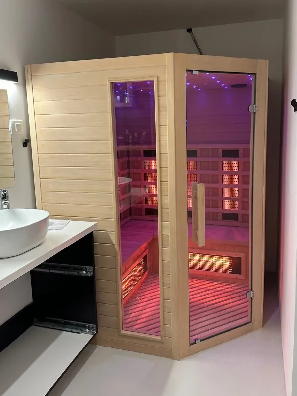 JJSPA JKI150 corner infrared sauna in a bathroom